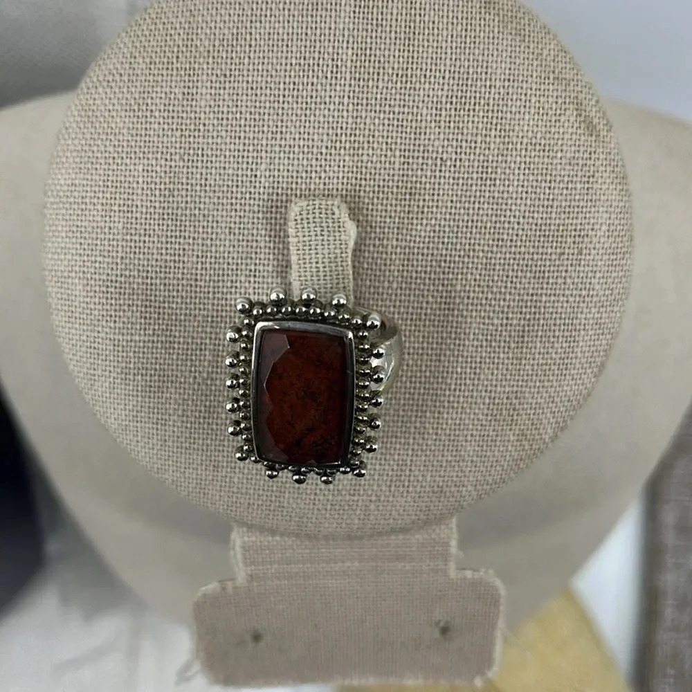 Vintage Sterling Silver Jasper Ring with Ornate Beaded Setting – Size 6.75 - Picture 5 of 14